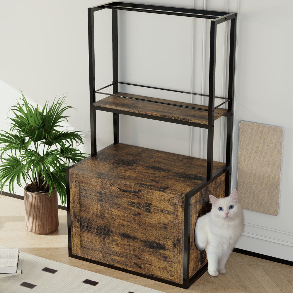 55"Refined Litter Box Enclosure with Storage Shelves and 2 Hanging Clothes Rack, 4-in-1 Hidden Cat Litter Box Enclosure Furniture with Shelf, Reversible Entrance,Rustic Brown