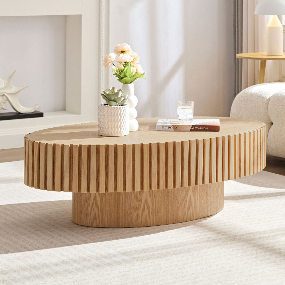 Modern Handcraft Drum Coffee Table Length 43.7 inch Ellipse Coffee Table for Living Room,Oval Small Coffee Table with Sturdy Pedestal,Walnut MDF