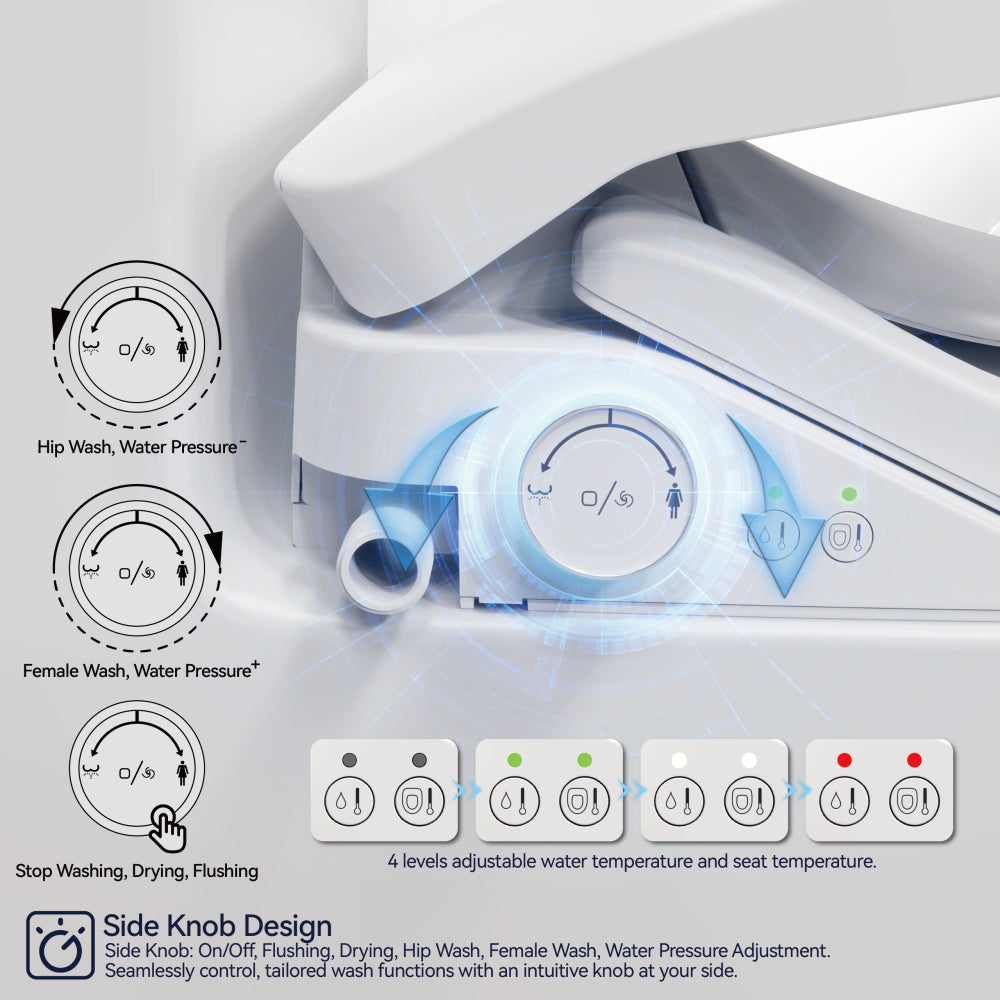 Smart Bidet Toilet Seat with Side Knob Adjustable Heated Seat with Water Temperature and Pressure Adjustment Portable Bidet with Automatic Nozzle Cleaning