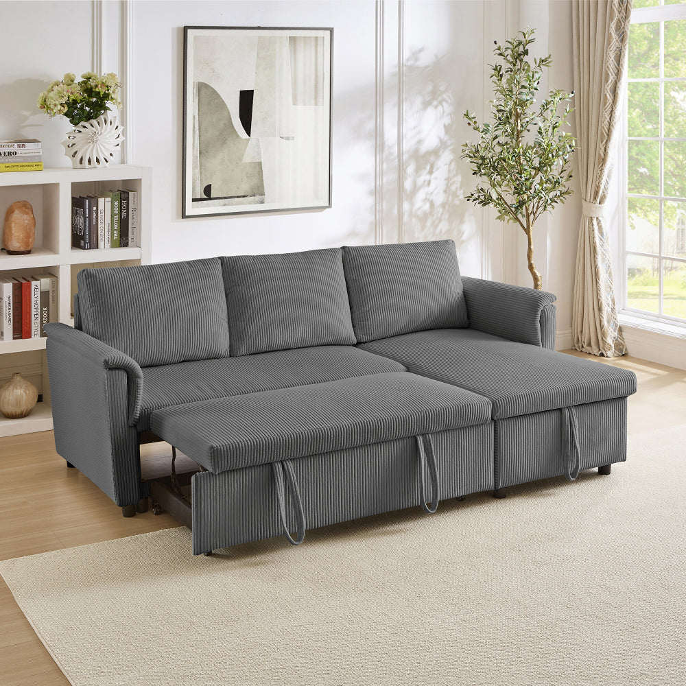Loveseat Sofa with Chaise Lounge L-Shaped Modular Convertible Sofa with Storage Chaise, Corduroy Tufted Upholstered Sleeper Sectional Sofa,Pull Out Sleep Couch Bed and Reclining Backrest-Black