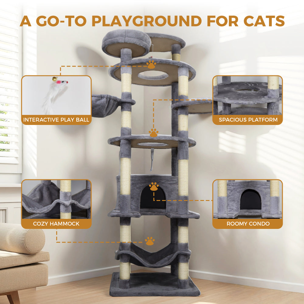 78 in dark gray cat tree tower with large condo  sisal scratching post big hammock and top platform