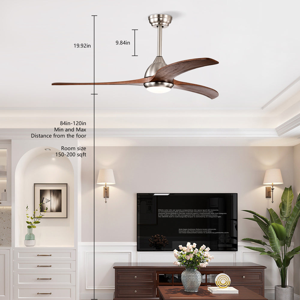 (Same SKU W1592P176970) 52" Solid Wood Blades Ceiling Fan With Light with Remote Control, Noiseless Reversible Motor, 6 Speed ,3 Color , for Patio Living Room, Bedroom, Indoor.(Stain nickel + Walnut )
