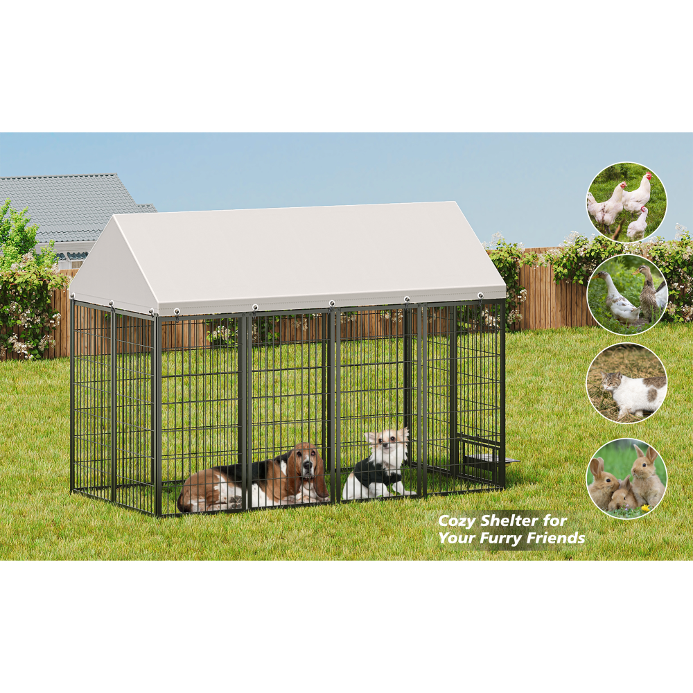 Large Dog Kennel Outdoor Pet Pens Dogs Run Enclosure Animal Hutch Metal Coop Fence with Roof Cover. 7.94'L x 4.13'W x 5.95'H.
