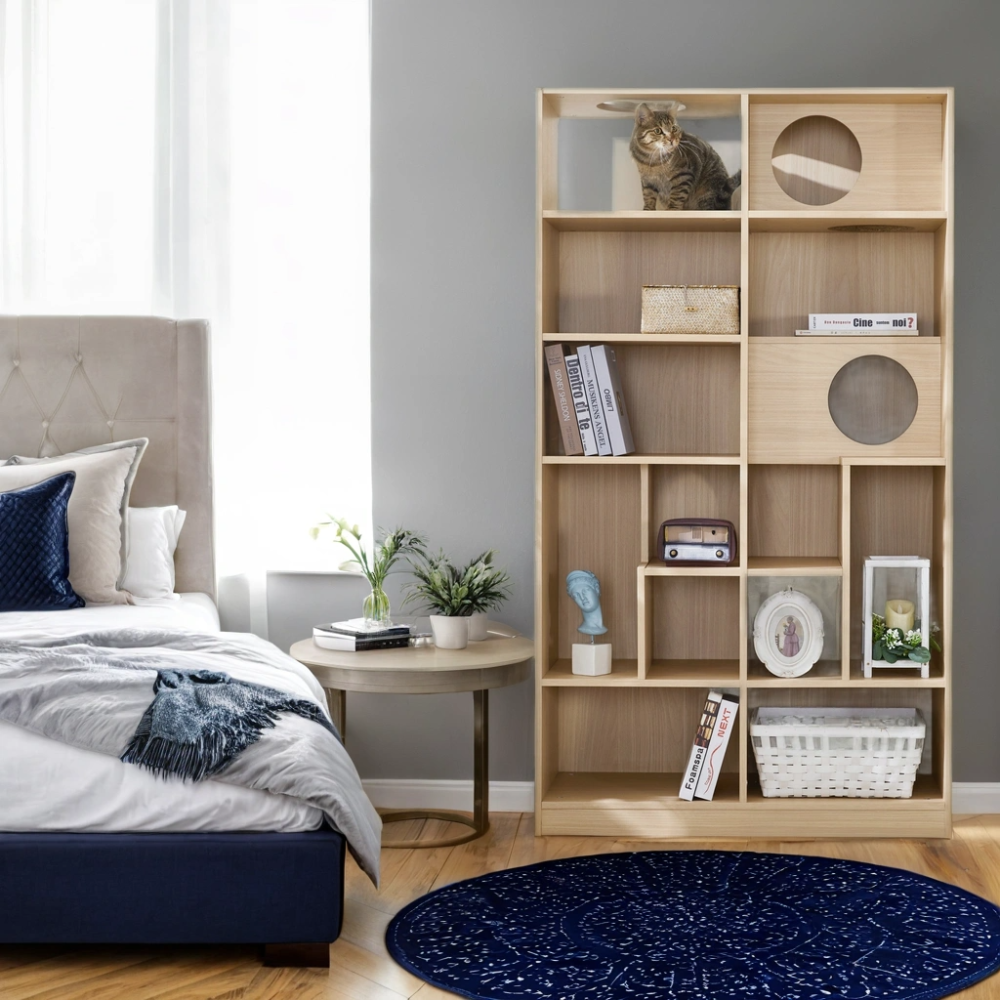 Modern 2 IN 1 Wood Bookshelf  Cat House, Cat Tree Display Case with Storage, Cat Litter Box Enclosure Climbing Shelf