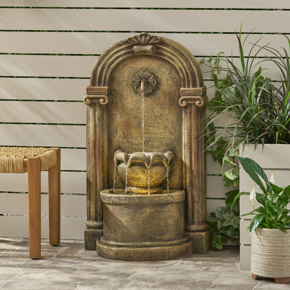 35.25" High Outdoor Weather Resistant Floor Fountain with LED Lights, Light Brown