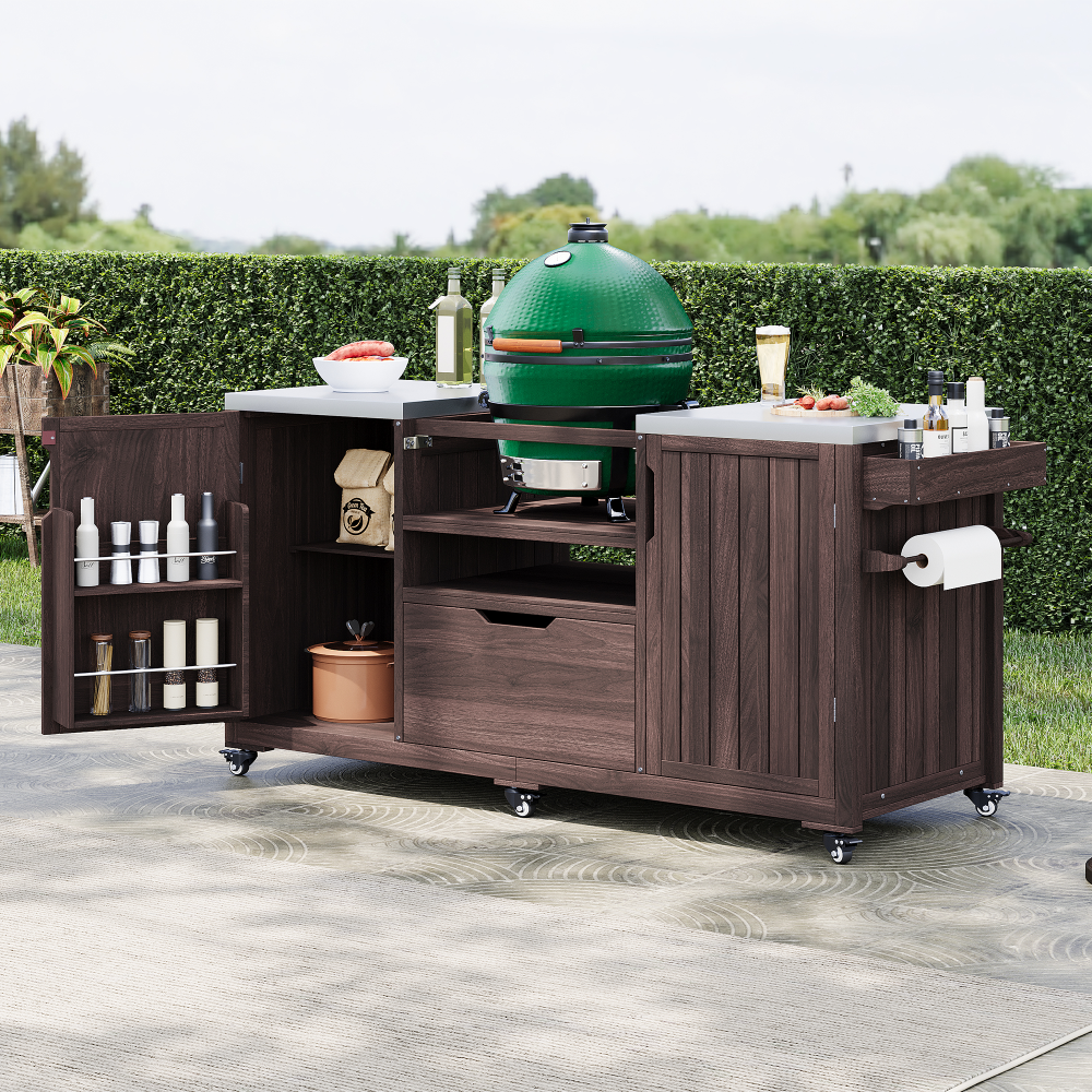 K&K 66.5" Outdoor Kitchen Island for Big Green Egg Grills, Solid Wood Outdoor Grill Cart for Tabletop Grill with Stainless Steel Top, Drawer, Compatible with Large Big Green Egg, Kamado Joe-Dark Brown