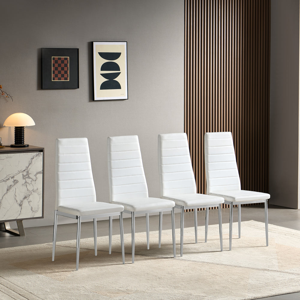 Modern Style Dining Chair Set for 4 with Comfortable PU Leather and Silver Chrome Plated chair legs,White