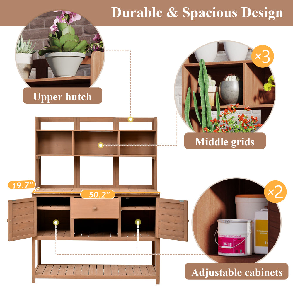 [Assembly Video Available] Topmax Solid Fir Wood Potting Bench Garden Workstation with Hutch, Drawer & Adjustable Shelves, 50.2x19.7x66.1 Inch Outdoor Garden Work Table for Backyard Planting,Brown