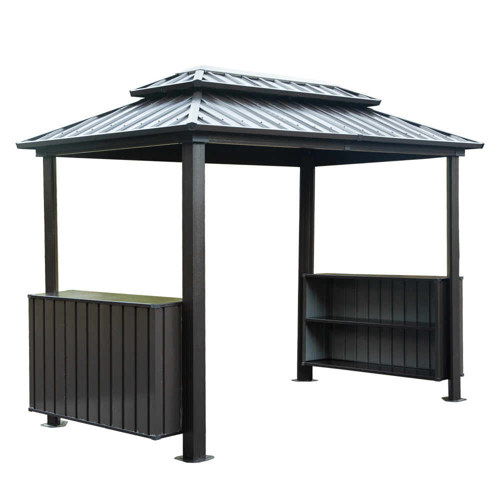 8×5FT Hardtop Grill Gazebo, Outdoor BBQ Gazebo w/Galvanized Steel Double Roof, Permanent Sun Shade Grill Canopy Shelter with 2 Side Shelves and Ceiling Hook for Patio Deck Yard Garden (Grey)