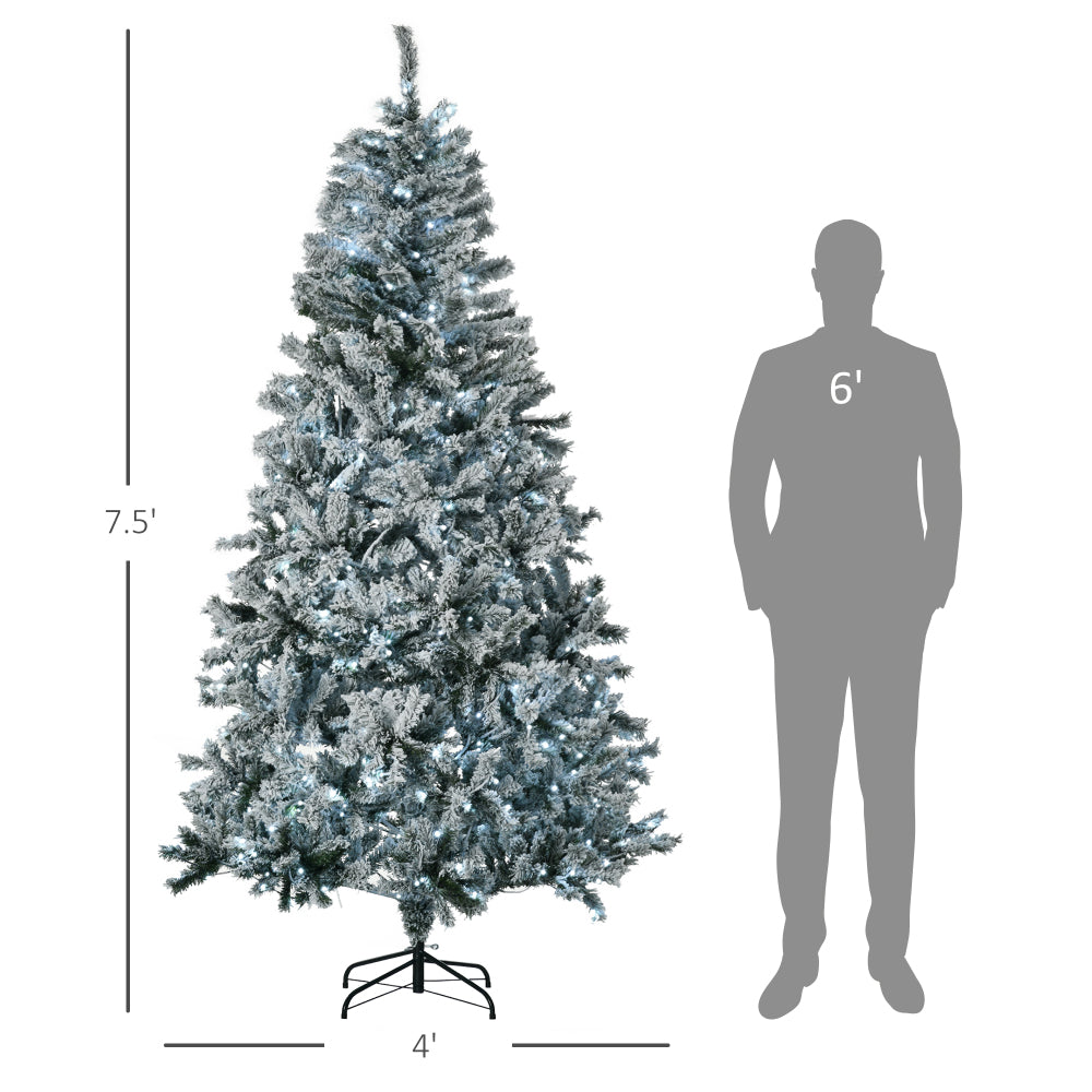 HOMCOM 7.5' Flocked Artificial Christmas Tree with Cold White LED Lights