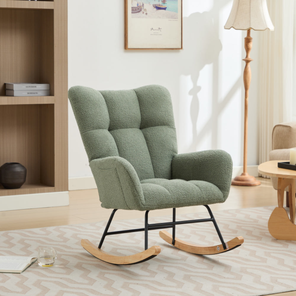 Modern Nursery Rocking Chair Upholstered Glider Chair with High Backrest Rocker Accent Armchair with Solid Wood Legs for Nursery Bedroom Living Room Teddy (white)