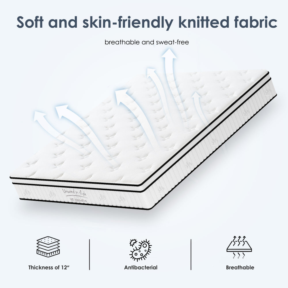 Queen Size Mattress,12 Inch Hybrid Mattress, Individually Pocketed Innerspring, Medium FirmQueen