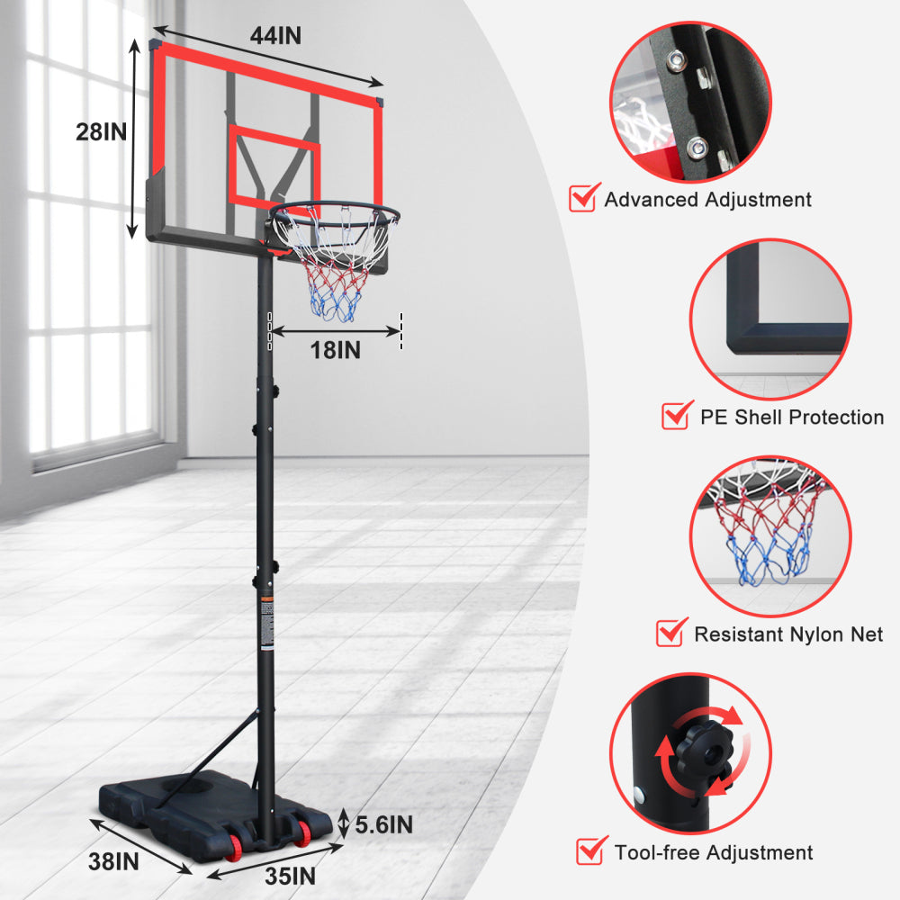 Basketball Hoop 5.73-10FT Height Adjustable Portable Basketball Goal for Indoor Outdoor Basketball Stand 44in Backboard with Wheels Red