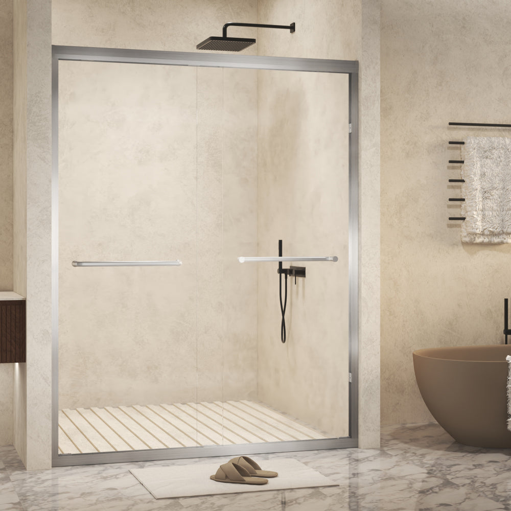 44-48" x 72" Tempered Glass with Explosion Proof Film, Aluminum Frame Double Sliding Shower Door, "1/4 (6 mm), Stainless Steel handle,Brushed Nickel