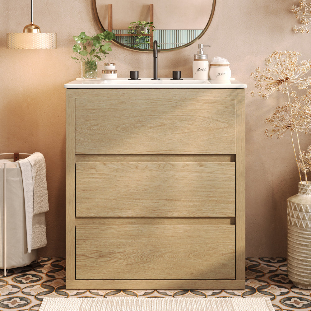 30" Modern Bathroom Vanity with Ceramic Sink, Bathroom Vanity Cabinet with Tempered Blurred Glass and Matte Black Handles, Equipped with Large Storage Space and Rubber Wood Frame, White