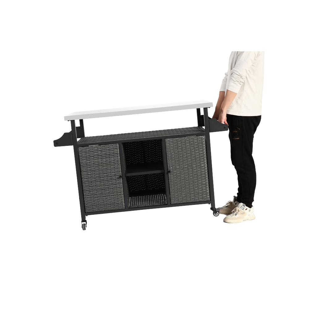 Large bar cart,Outdoor Kitchen Wicker Island Rolling Cart & Storage Cabinet, Wheels and Stainless Steel Extended Table Top, Side Handle for Patio Kitchen or Bar Cart, Grey