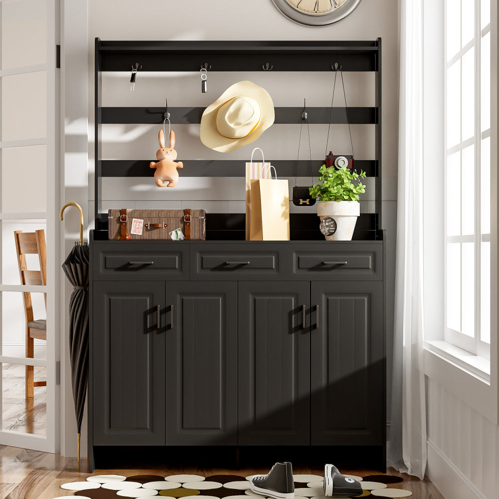 U-Can 51.2''Minimalist Four-Door Shoe Cabinet with Coat Rack, Spacious Top,3 Drawers, 8 Shelves, Metal hooks and handles for Hallway, Entryway, Living Room