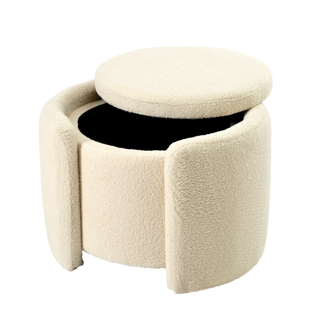 Round Ottoman teddy fleece cushioned footpads living room and bedroom footstool with storage space (Beige)