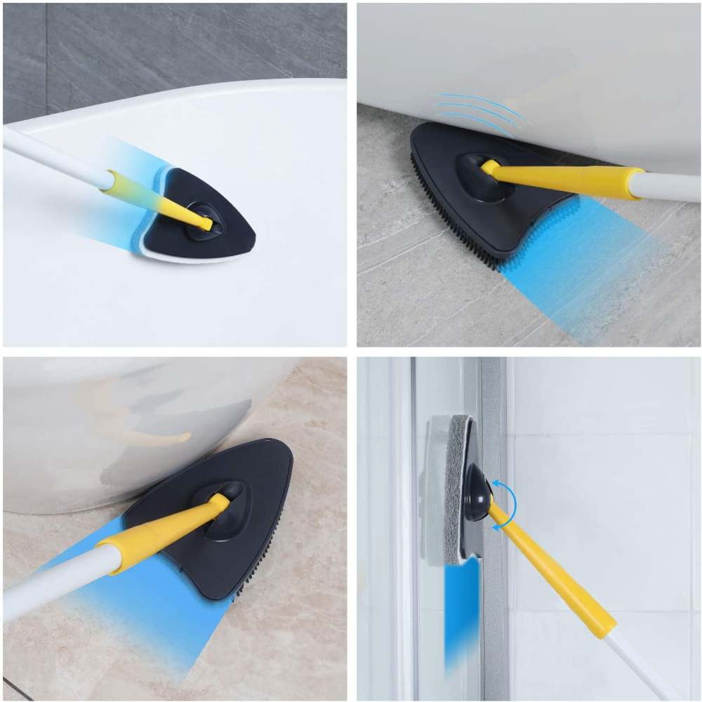 Tub Tile Scrubber Brush 2 in 1 Cleaning Brush Pole Stiff Bristles Scouring Pads for Cleaning Bathroom Kitchen Toilet Wall Tub Tile Sink Non-scratch