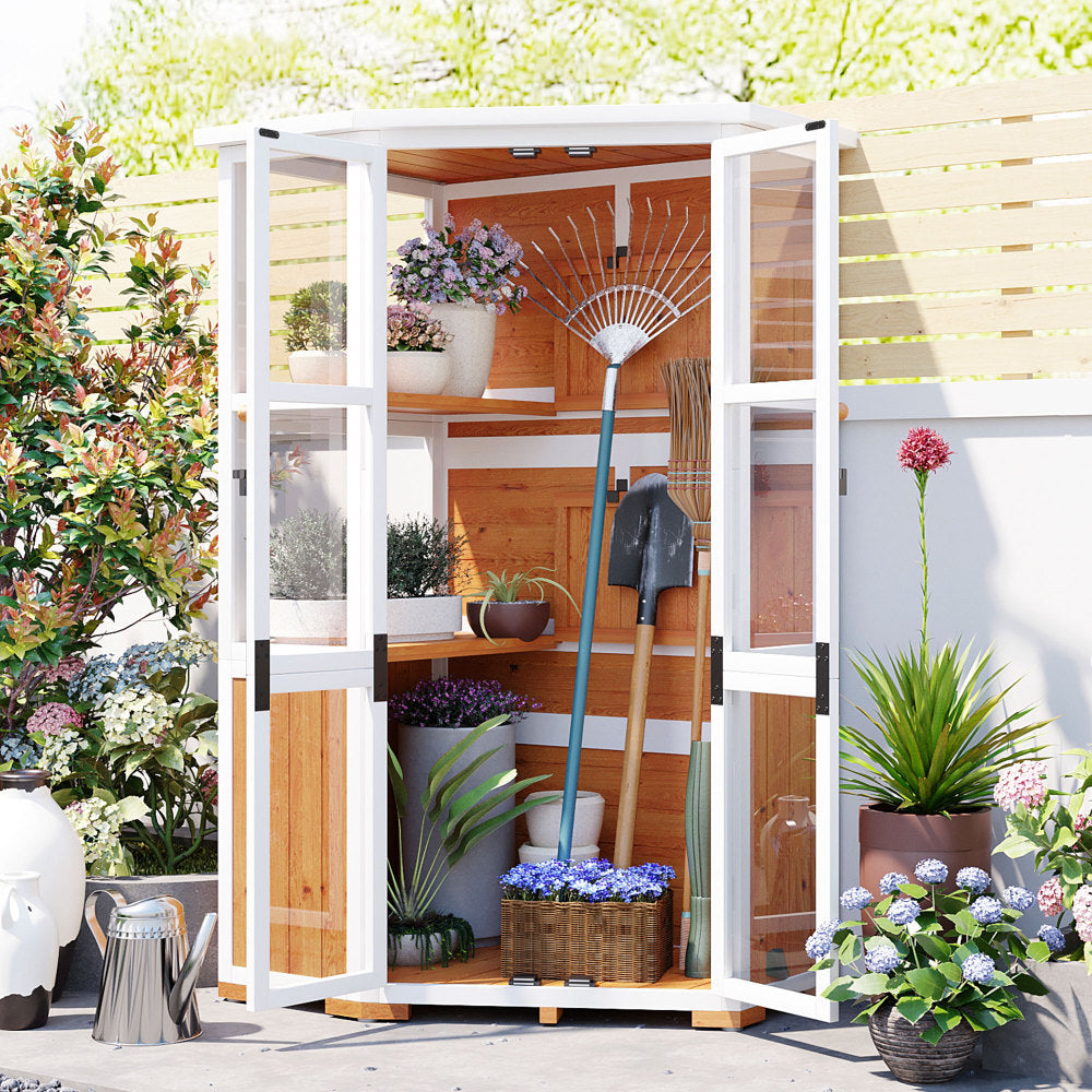 [Assembly Video Product] TOPMAX 63'' Height Garden Wood Storage Cabinet Outdoor Tool Storage Shed, Mini Greenhouse Cold Frame with Waterproof- Roof and Lockable Door for Backyard,Patio, Lawn, White