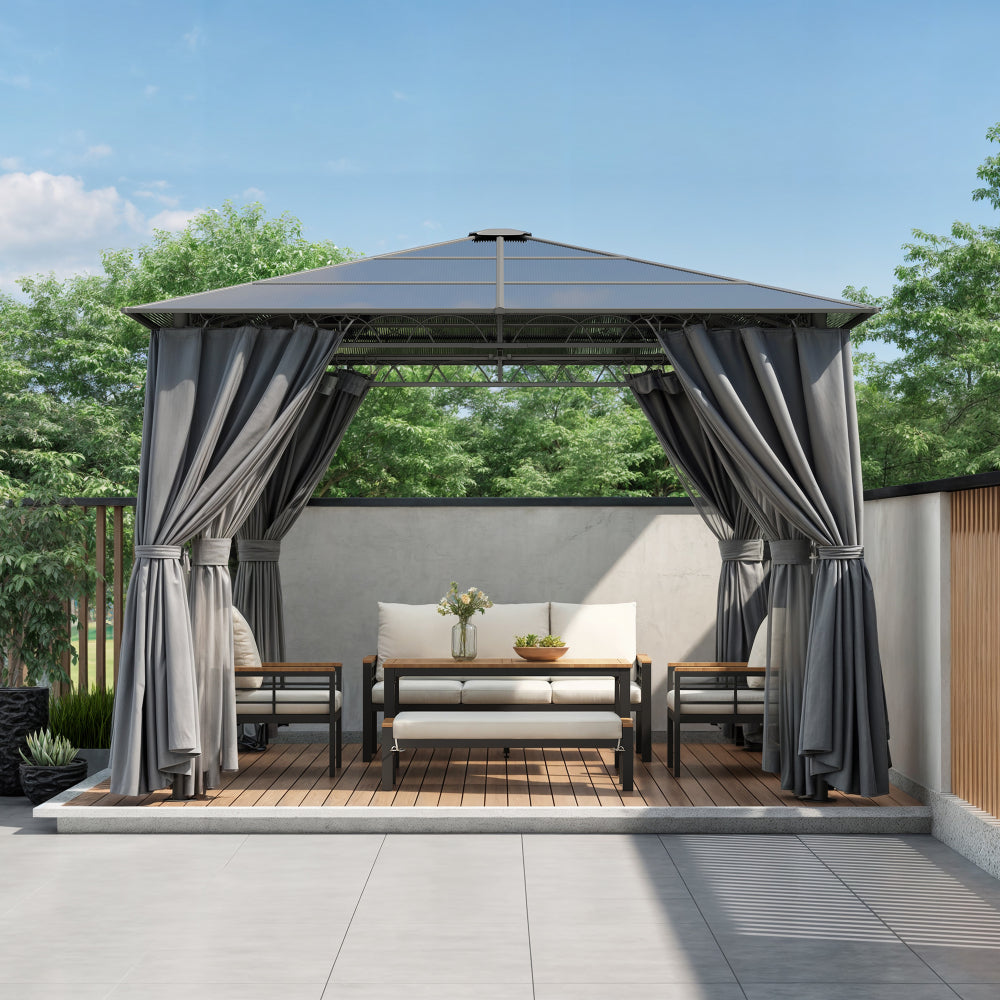 TREXM 10'x10' Hardtop Outdoor Gazebo with Polycarbonate Roof, Patio Gazebo with Aluminum Frame, Mosquito Netting and Privacy Screens for Shade and Rain, Backyard Tent for Backyard, Garden, Lawn (Grey)