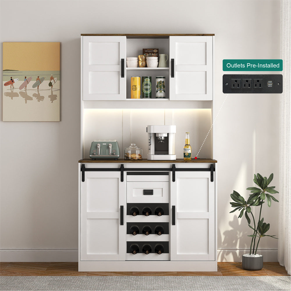 74" Kitchen Pantry Cabinet with Charging Station,Freestanding Buffet Cupboards Sideboard with Drawer,Modern Pantry Cabinet with Microwave Stand for Kitchen,Living Room,Dinning Room