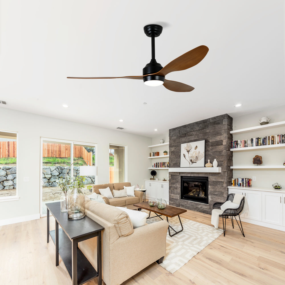 52" Ceiling Fan with Lights Quiet DC Motor 3 ABS Blade Ceiling Fans 6 Speed Levels,Reversible Ceiling Fan, for Patio Living Room, Bedroom, Office,Indoor. Matte Black + Walnut