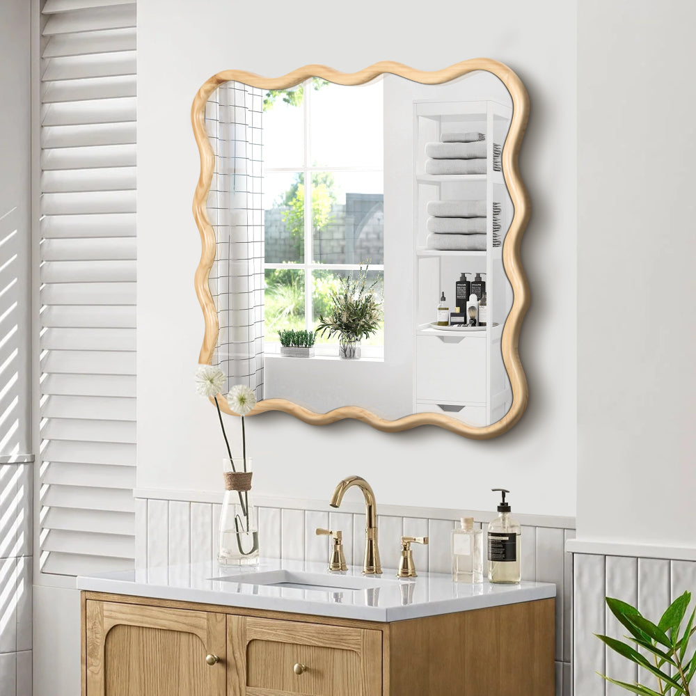 Solid Wood Wavy Square Mirror-Natural Wood 36" x 36" Modern Mirror Wall Decor for Bathroom, Bedroom, Living Room, Dining Room, Cloakroom, Entryway