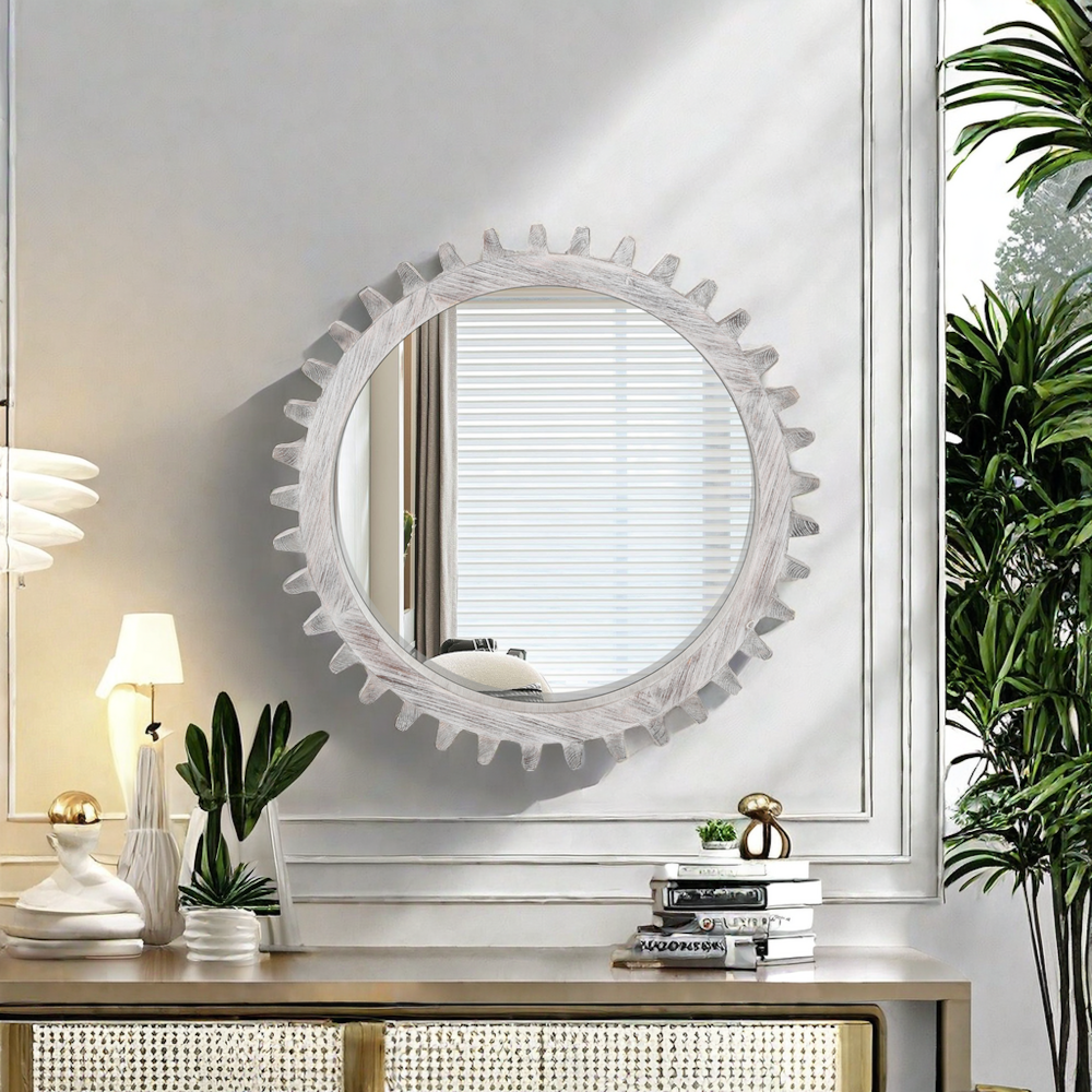 Vintage 26'' x 26'' Wall Wood Round Hanging Gear Shape Heavy Decorative Mirror For Bathroom Living Room Entryway Or Put Together To Your Liking.(Antique White Washed)