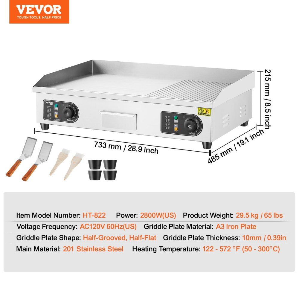 Commercial Electric Griddle, 2800W Countertop Half-Flat Top Grill, 122℉-572℉ Adjustable Temp, 28.74x15.75x0.39in Stainless Steel Griddle Grill with 2 Shovels and 2 Brushes for Home or Restaurant