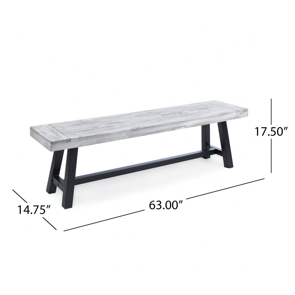 Light Grey Sandblast Finish Acacia Wood Dining Bench with Black Rustic Metal Finish Frame