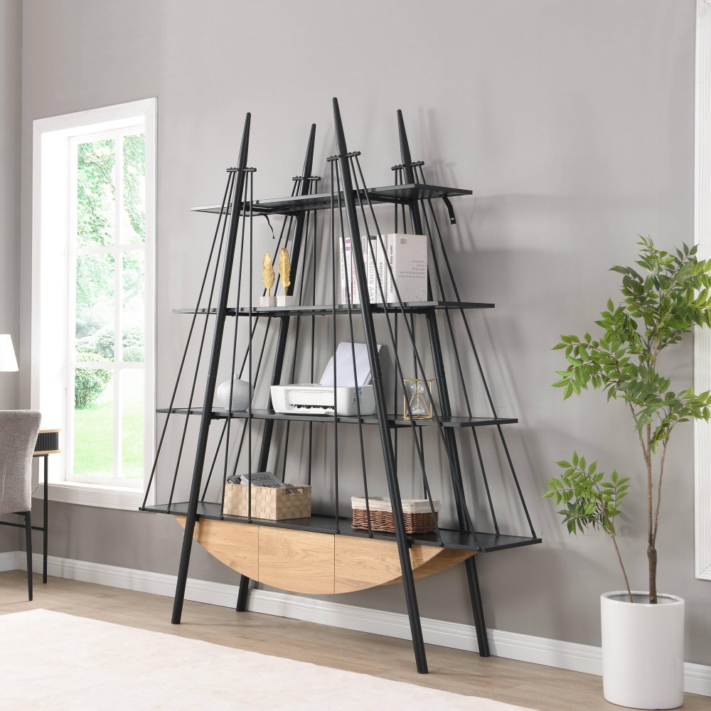 Sailboat-Inspired Bookshelf, 70.87 inch Industrial 4-Tier Open Storage Shelf with Drawer, Wooden & Metal Freestanding Bookcase, Sturdy Display Rack for Living Room, Office & Home Decoration.