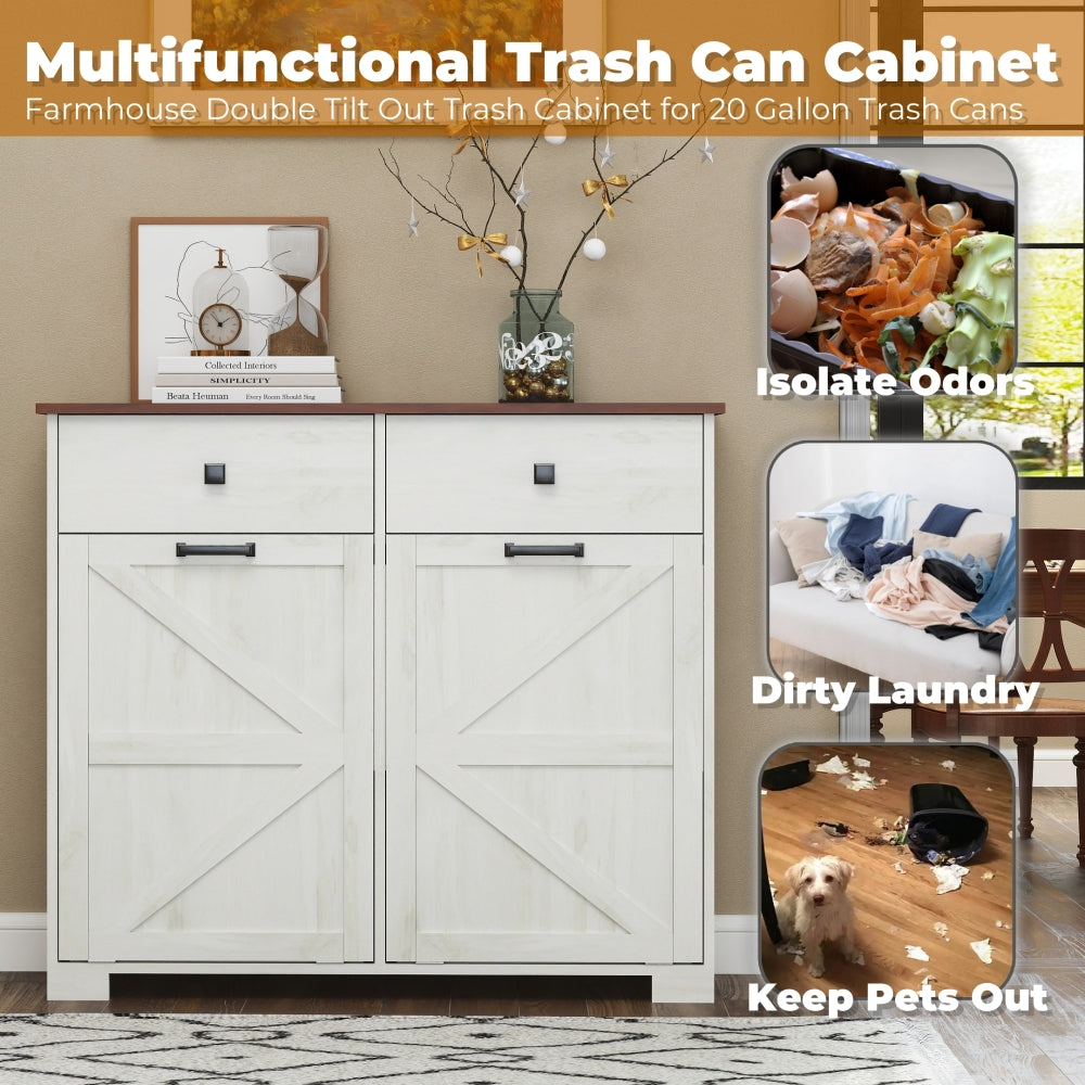 Farmhouse Double Tilt Out Trash Cabinet for 20 Gallon Trash Cans, Free Standing Recycling Cabinet with Hideaway Drawer, Barn Door Style Laundry Sorter Cabinet, Tilt Out Trash Cabinet for Kitchen