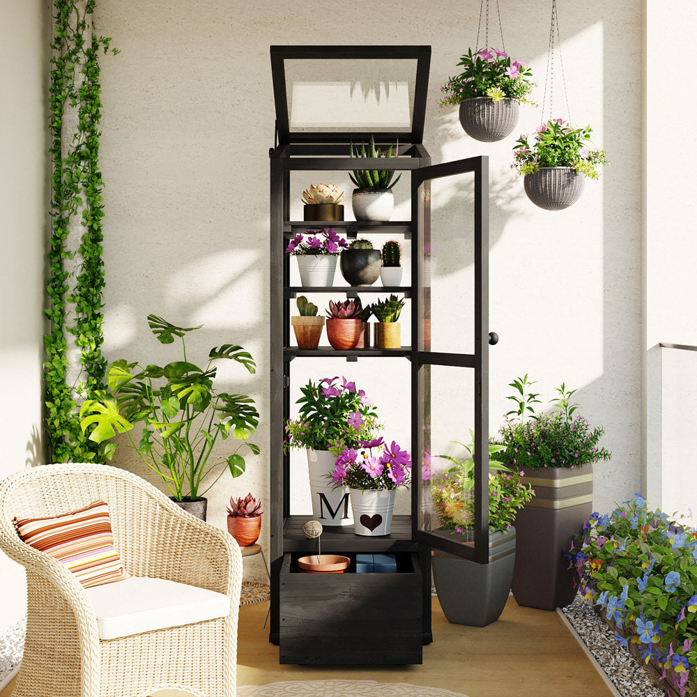 TOPMAX 62.4inch Height Wood Garden Greenhouse Balcony Portable Mini Cold Frame with Movable Storage Box and Adjustable Shelves for Outdoor Indoor Use, Black