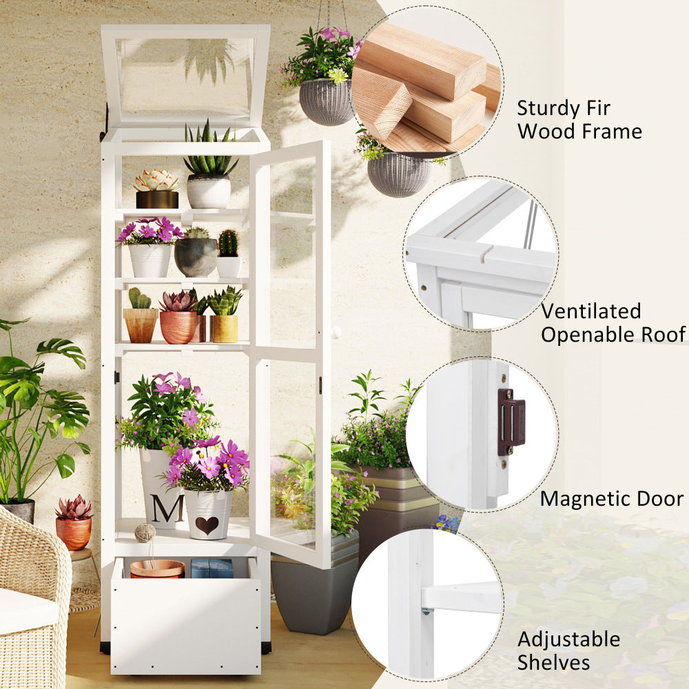 TOPMAX 62.4inch Height Wood Garden Greenhouse Balcony Portable Mini Cold Frame with Movable Storage Box and Adjustable Shelves for Outdoor Indoor Use, White