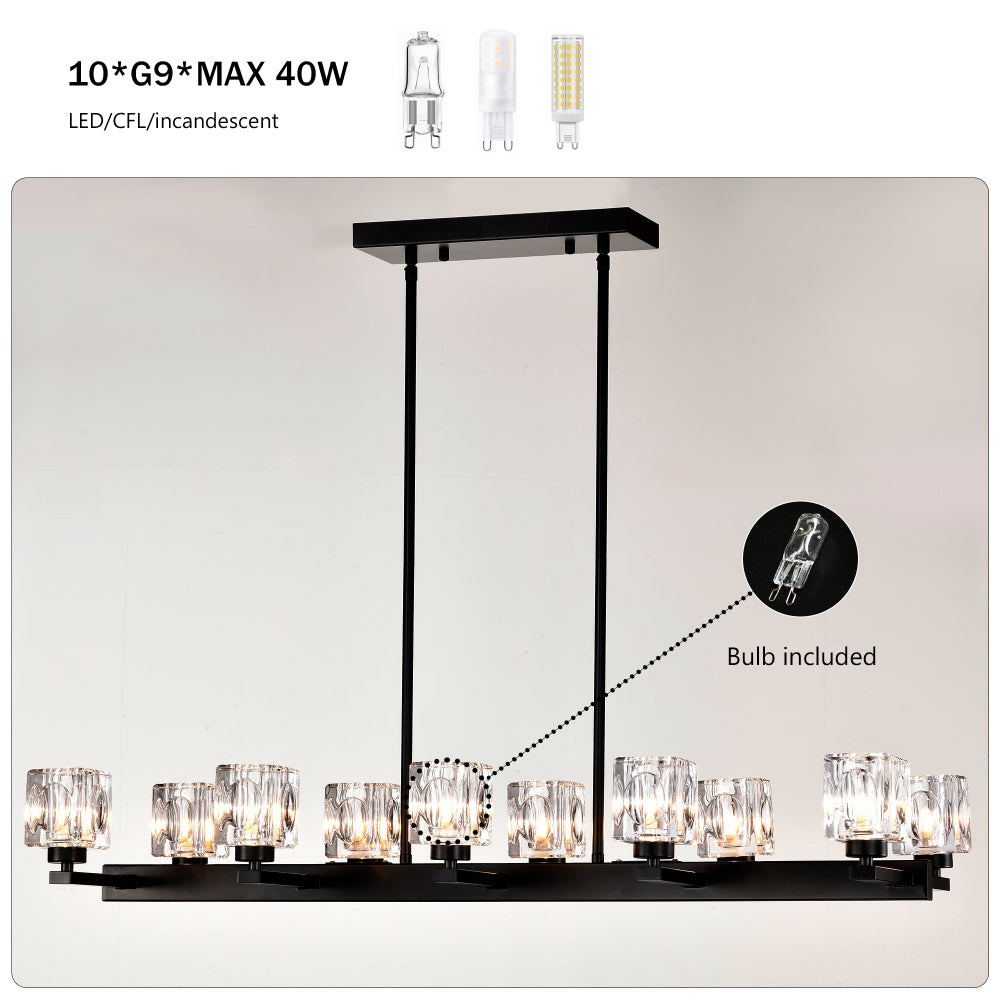 Chandelier for Dining Room, 10-Light Black Farmhouse Linear Pendant Light Fixture, Modern Crystal Hanging Lighting Chandelier for Kitchen Island, Bar, Long Table, G9 Bulb(10*G9*MAX 40W)