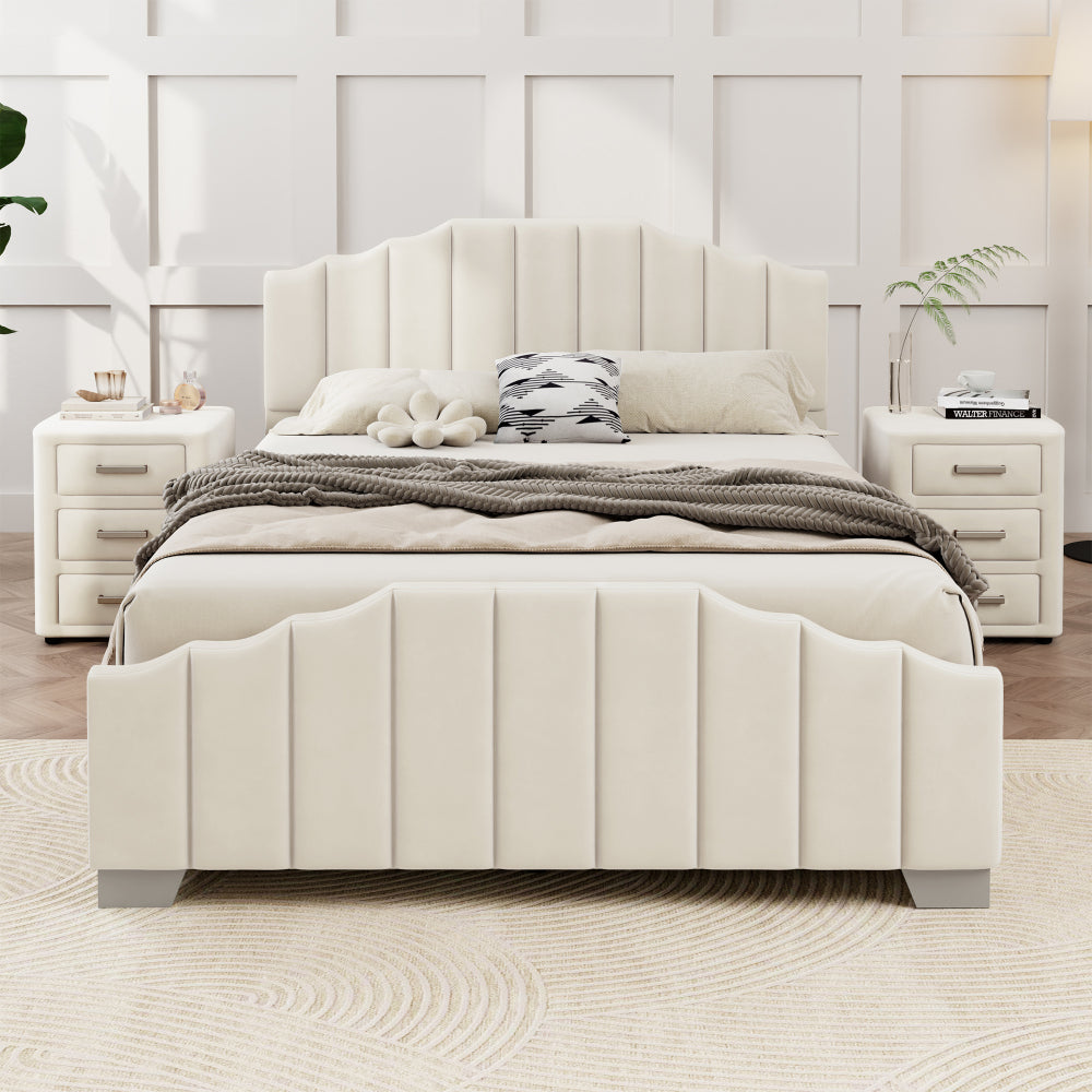 3 Pieces Bedroom Sets Queen Size Velvet Upholstered Platform Bed Vertical Channel Tufted Headboard and Two Three-drawer Nightstands,Pink