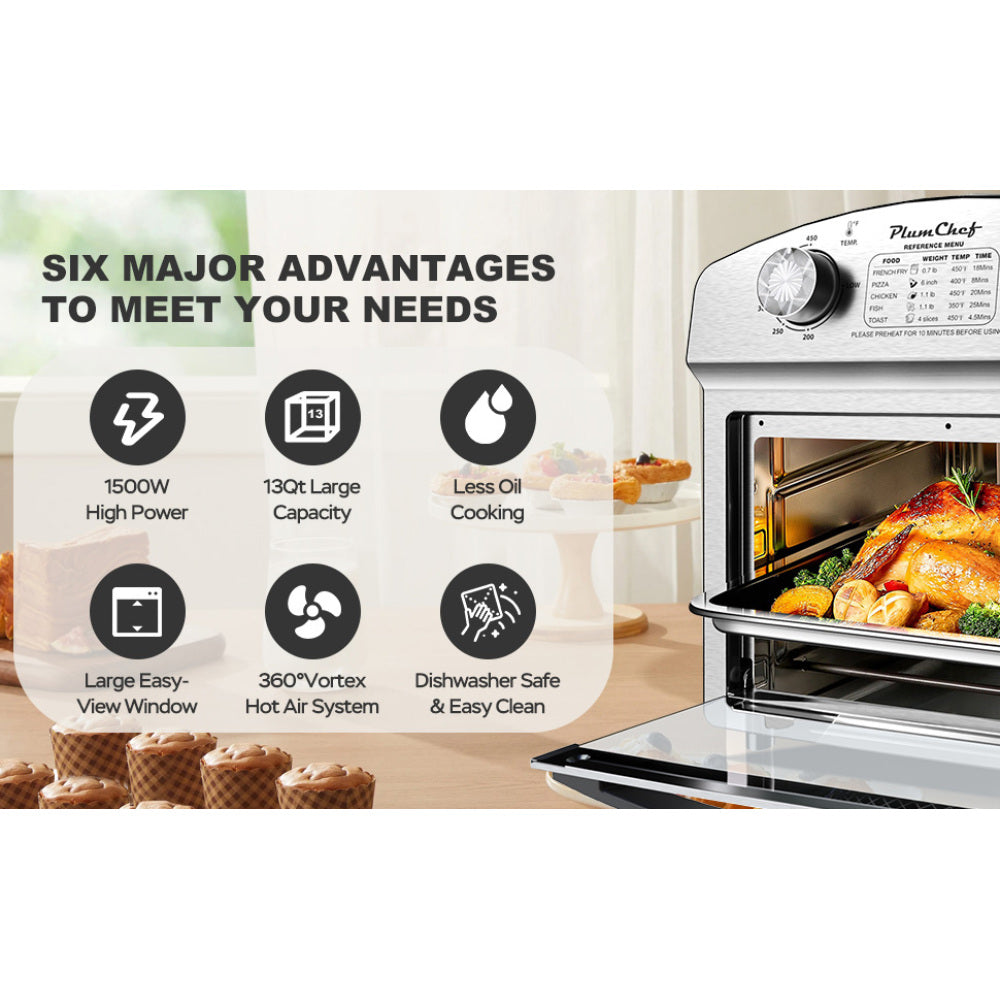 12.5 Quart 7-in-1 Convection Toaster Oven, 1500W, Stainless Steel, with 5 Pre-Set Menus – Roast, Bake, Grill, Broil, Toast, Dehydrate & Defrost, Silver