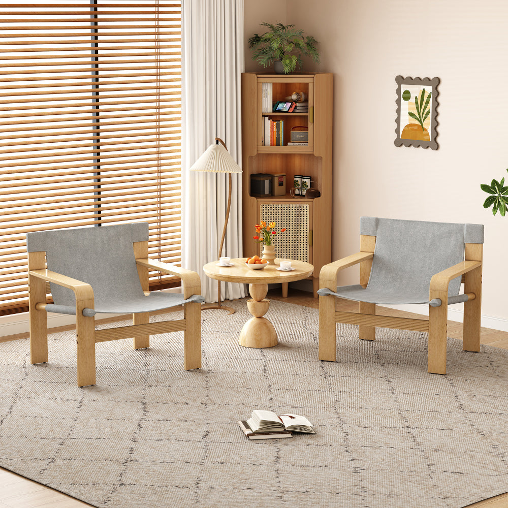 Detachable and washable Oak Accent Chair Wide Armrest Mid-Century Lounge Chair Linen Fabric Armchair & Solid Wood Frame for Living Room, Bedroom, Balcony, (White)