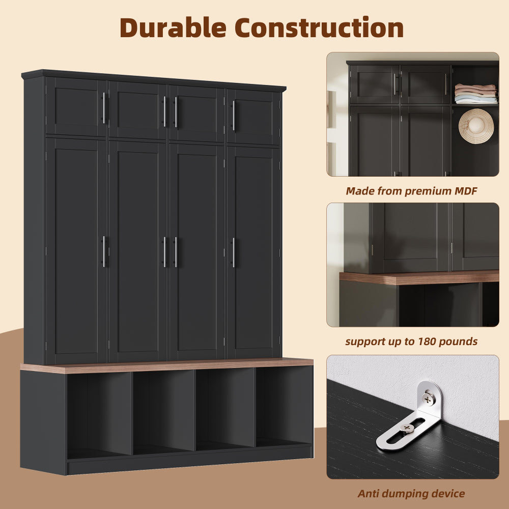 [Assembly Video Provided] ON-TREND Farmhouse Hall Tree with 4 Hidden Hanging Hooks, Versatile Walnut Seating Bench with 8 Doors, Entryway Shoe Cabinet with Open Compartments for Living Room, Black