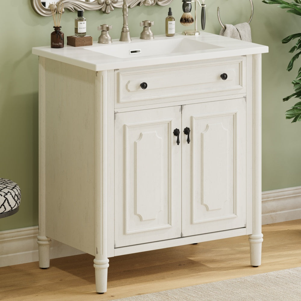 30" Modern Bathroom Vanity with Ceramic Sink, Bathroom Vanity Cabinet with Tempered Blurred Glass and Matte Black Handles, Equipped with Large Storage Space and Rubber Wood Frame, White