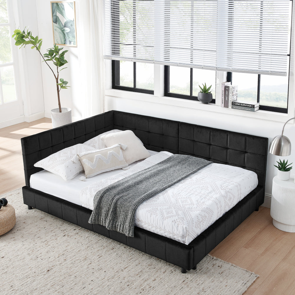 Full Size Upholstered Tufted Bed Frame, Sofa Bed Frame with Comfortable Backrest and Armrests, Full Size Bed for Bedroom, Living Room,Velvet, Grey(80.5''*59''*30.5'')