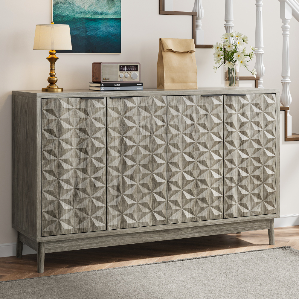 Modern Style Buffet Cabinet,Sideboard Buffet Cabinet With Storage,Storage Cabinet with 4 Diamond-shaped relief Doors For Living Room,Dining Room,Entryway,Hallway,Kitchen,Grey