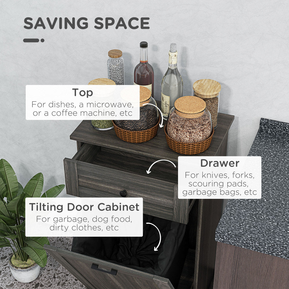 HOMCOM Kitchen Tilt Out Trash Bin Cabinet Free Standing Recycling Cabinet Trash Can Holder With Drawer, Charcoal Gray