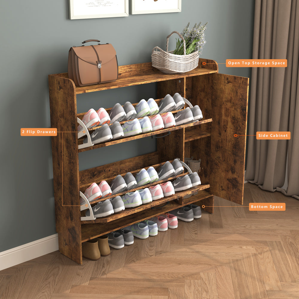 Shoe Storage Cabinet with 2 Flip Drawers, Freestanding Organizer with Metal Legs for Entryway, Narrow Shoe Rack Cabinet, Rustic Brown
