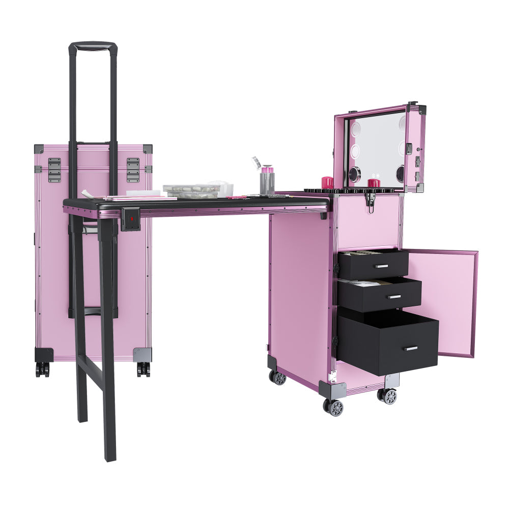 Portable Nail Art Table w/ LED Mirror, Bluetooth, Lockable Drawers, Telescopic Pole - Folding Manicure Station for Salons  (Pink)