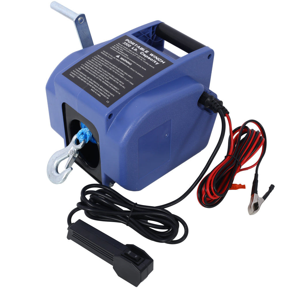 12v 3500lbs Trailer Winch,Reversible Electric Winch, for Boats up to 6000 lbs.,with synthetic rope,with extra pulley hook,power in and power out,with manual function.blue plastic casing