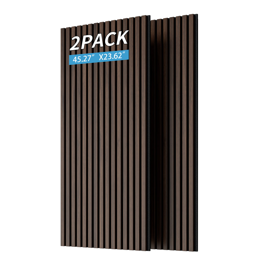 Wood Panels for Wall Slat Wall Panels, 2PC Wood Slat Acoustic Panels for Wall and Ceiling - 3D Fluted Sound Absorbing Panel with Three Sides Fully Wrapped on  Wood Finish -45.27''X23.62''(Dark walnut)