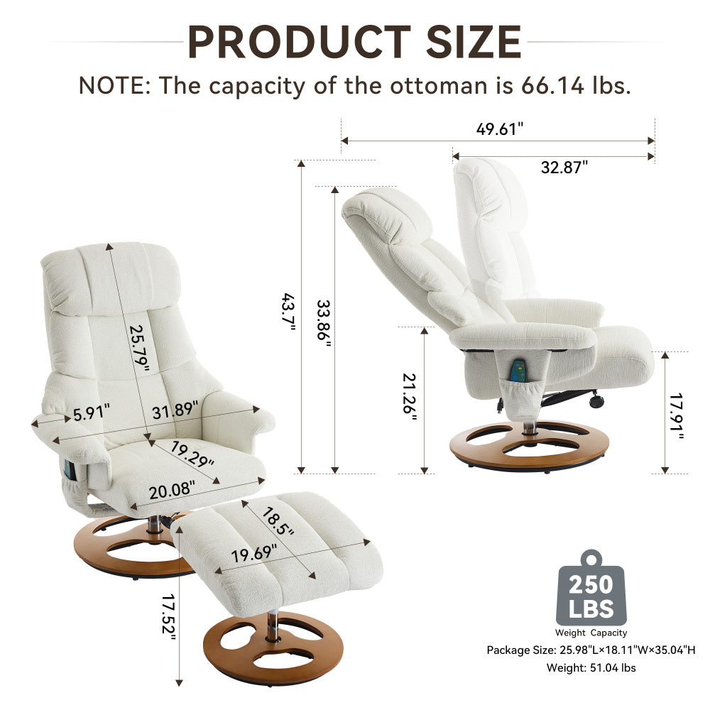 010-Ergonomic Recliner Chair with Ottoman, Modern 360° Swivel Lounge Chair with Footstool, Chenille Fabric, 5 Point Vibration Massage, Seat Heating & 140° Adjustable Backrest for Home or Office, White