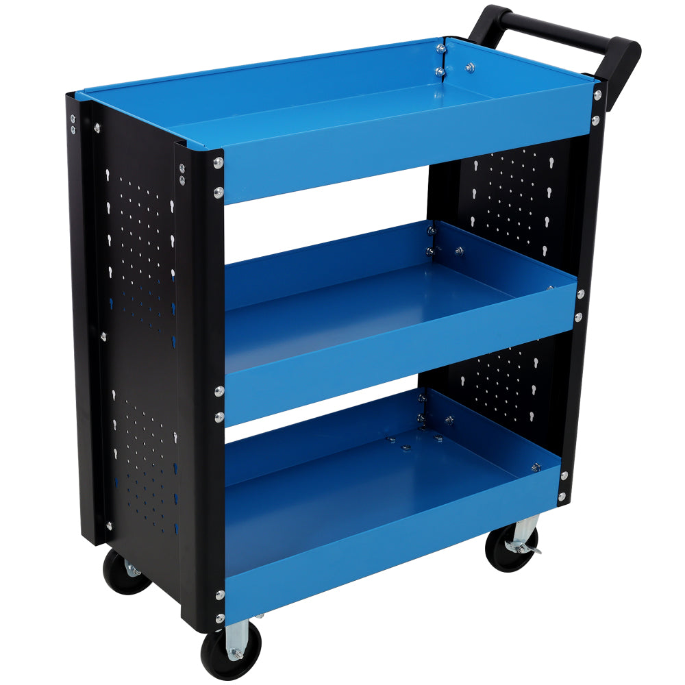3 Tier Rolling Tool Cart on Wheels,Heavy Duty Utility Tool Cart with Pegboard for Repair Shop, Garage, Warehouse,Blue